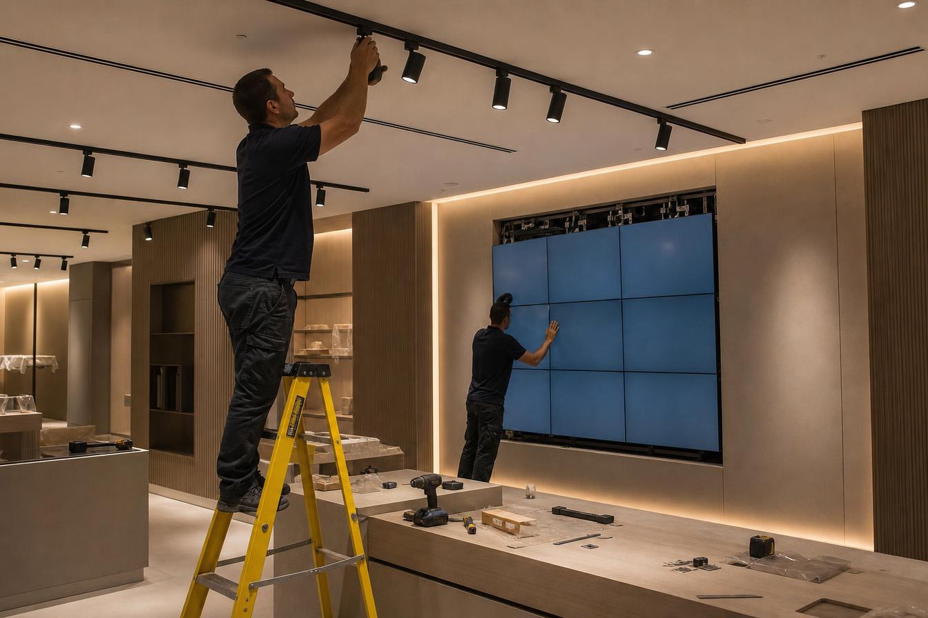 Montage von Lichtschienen und Medienwand in einer Ladenfläche