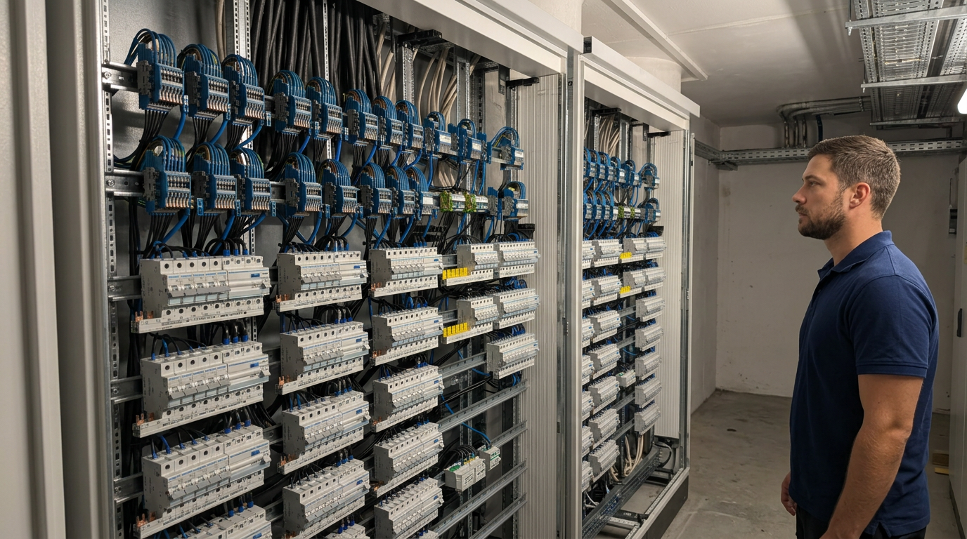 Mitarbeiter an einer offenen Energieverteilung mit Sicherungsautomaten und Verkabelung