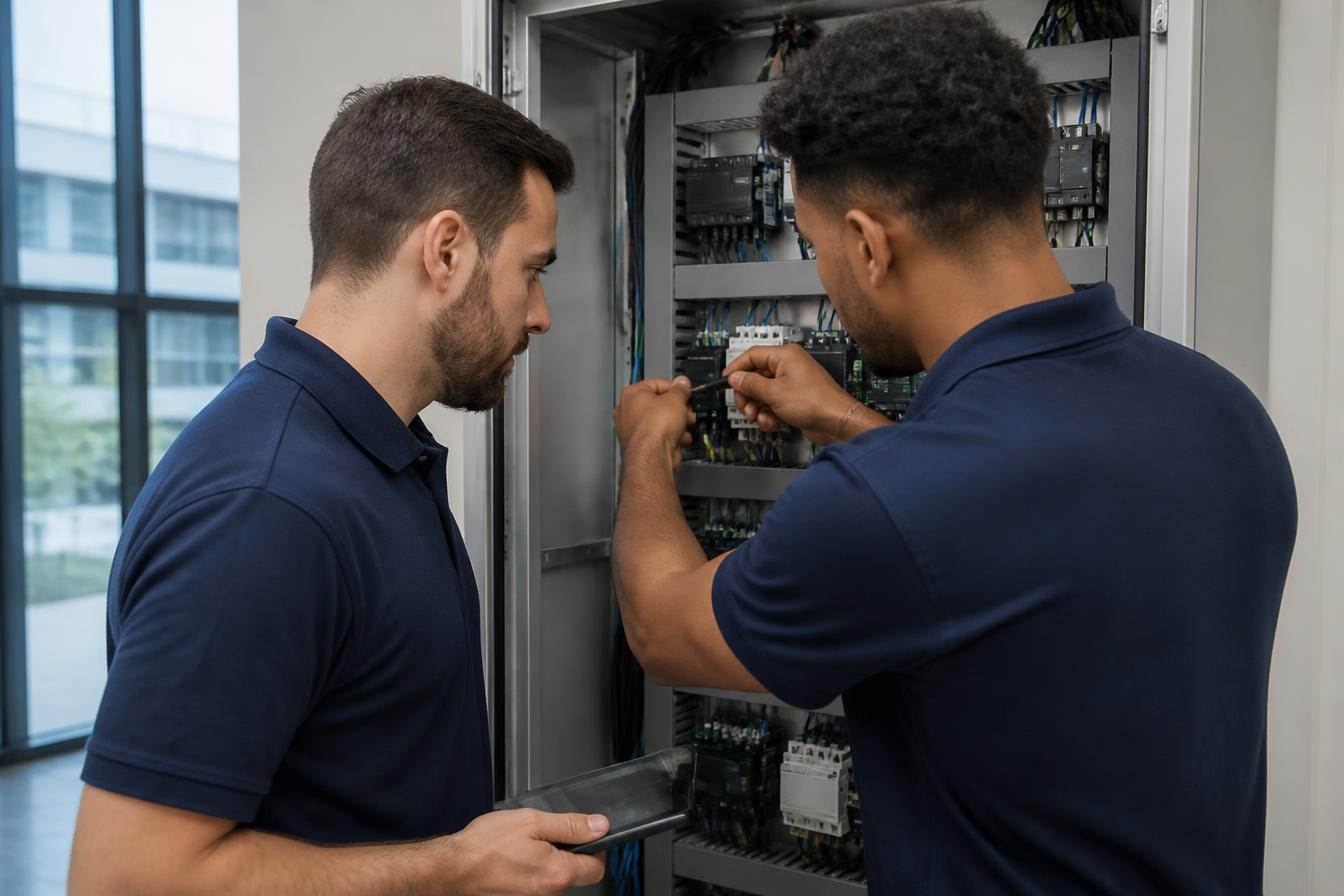 Techniker an einem offenen Schaltschrank der Gebäudeautomation