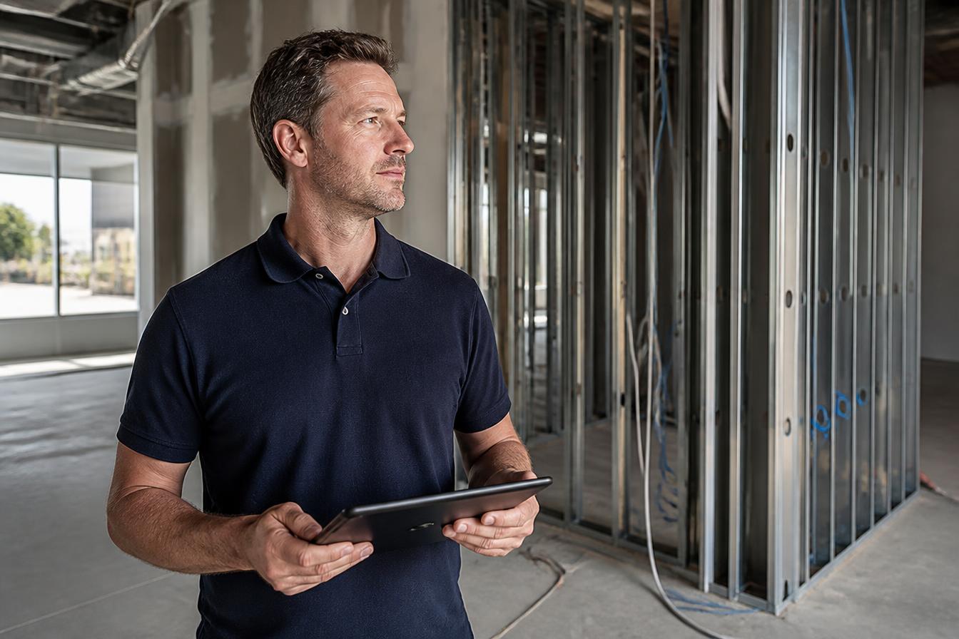 Bauleiter mit Tablet auf einer Ausbaubaustelle